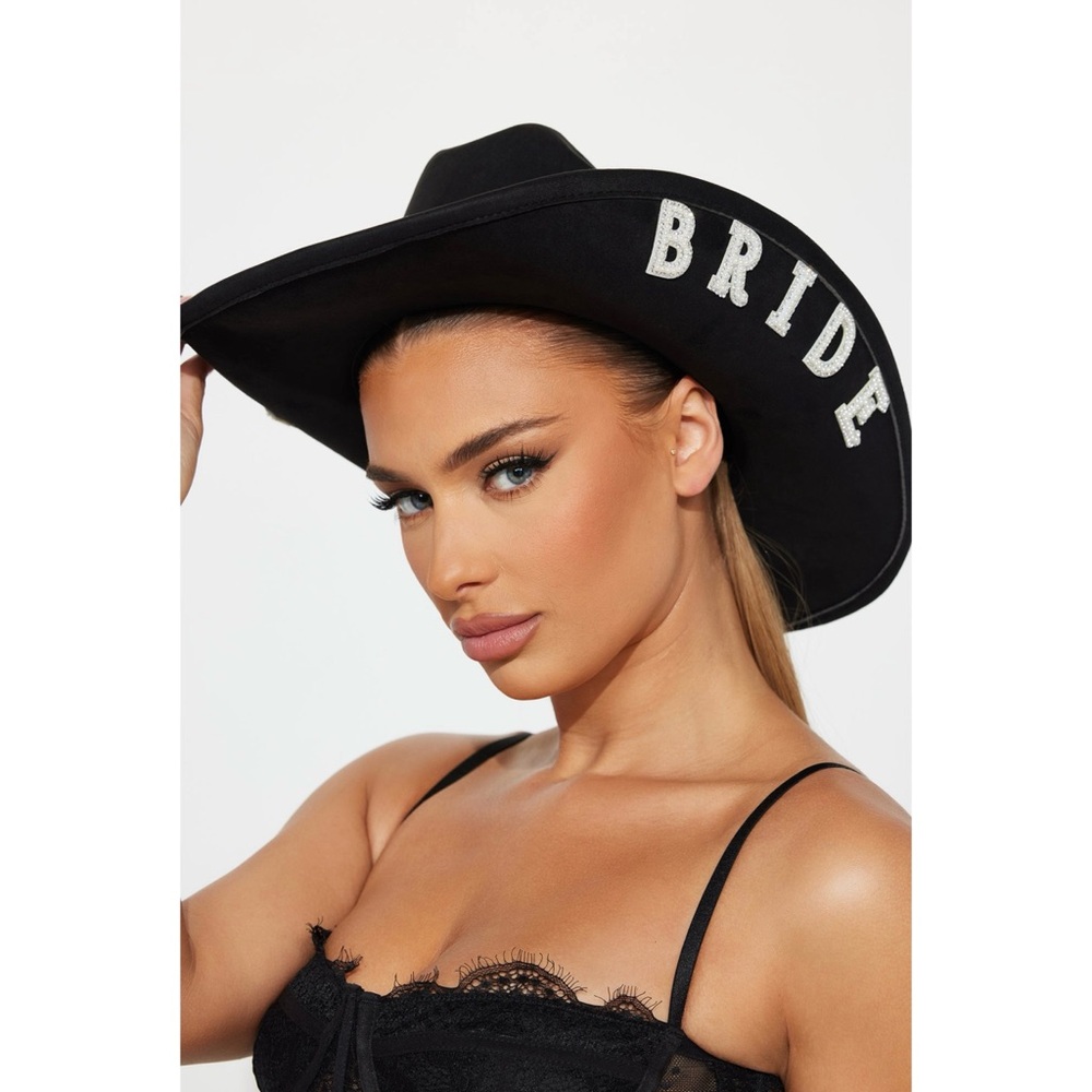 Black Faux Suede White Bling Beaded Rhinestone Bride Statement Cowgirl Hat